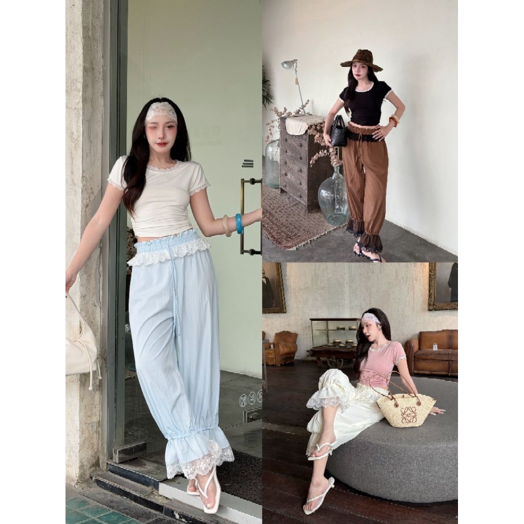 NEW IN LACEY BLOOM PANTS 🤍 กางเกงทรงจินนี่พร้อมดีเทล ลูกไม้รอบเอวและปลายขา