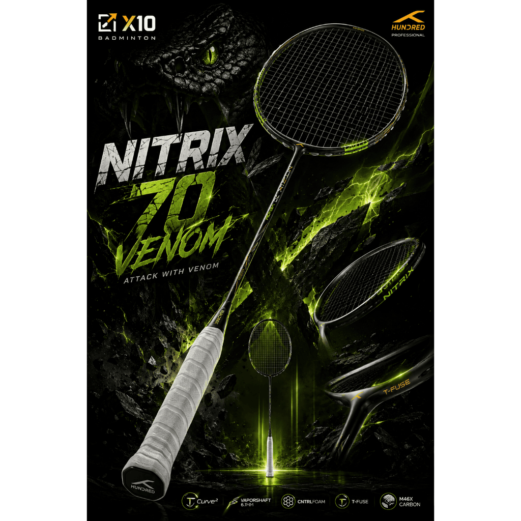 HUNDRED NITRIX 70 VENOM ไม้แบดมินตัน Hundred สายบุก หัวหนัก ก้าน 6.1mm ตบหนัก ระดับโปร ของแท้