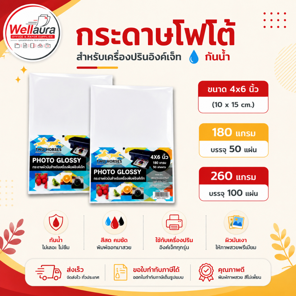 [ส่งด่วน] กระดาษโฟโต้ สำหรับเครื่องปริ้นอิงค์เจ็ทกันน้ำ ขนาด 4x6นิ้ว หนา180g 50 แผ่นและ 260g 100แผ่น