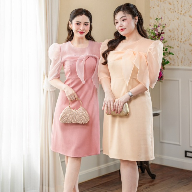 Sukunya 6838 :ชุดเดรส Polyester Linenแต่งผ้าแก้ว