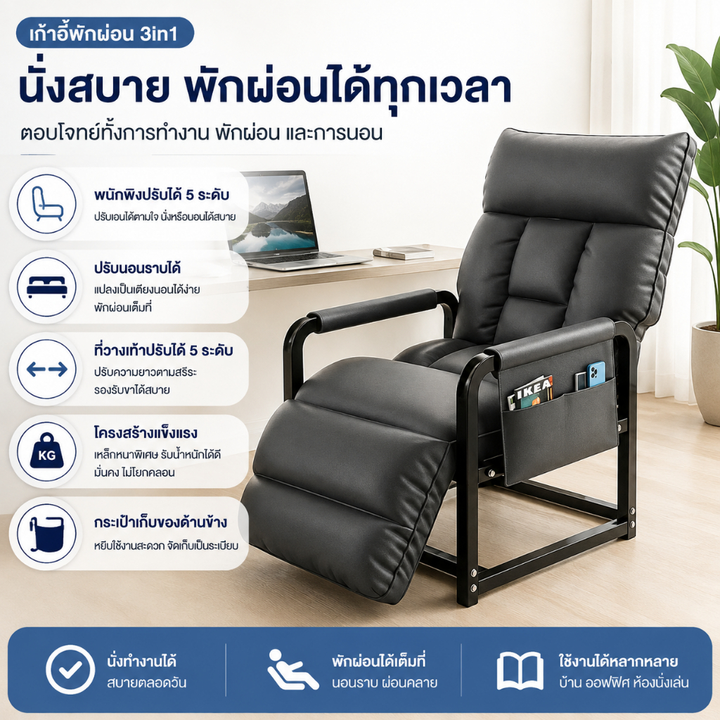 F&G เก้าอี้นอน เก้าอี้นั่งพักผ่อน เก้าอี้นอนพับได้ เอนราบได้ 180 องศา ปรับระดับได้ 5 ระดับ รับน้ำหนักสูงสุด 150kg