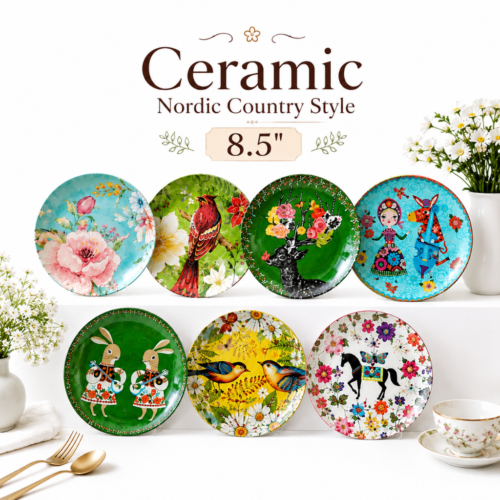 จานเซรามิคทรงกลม ขนาด 8.5" สไตล์ตะวันตก คุณภาพพรีเมียม ลายคลาสสิคสวยคมชัด สีสันสดใส พร้อมส่ง Nordic Country Style