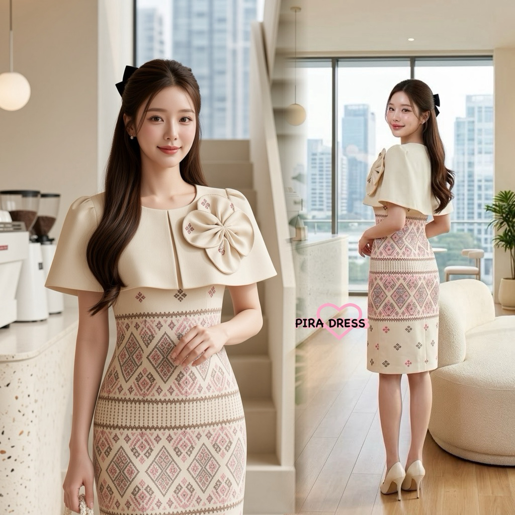 PIRA DRESS  เดรสผ้าฝ้ายอัดกาวทั้งชุด สีครีม ทรงสวยสุภาพ ใส่ออกงานหรือใส่ทำบุญ เหมาะสมสุดสุด