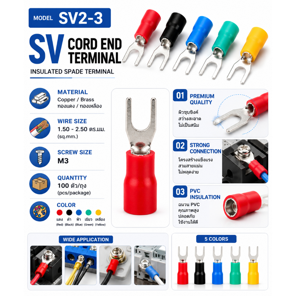 SV2-3 : หางปลาแฉก หุ้มเต็ม ขนาด 1.5-2.5 ตร.มม./M3 ทองแดง/ทองเหลือง (SV terminal Size : 1.5-2.5 sq.mm./M3 Copper/Brass)