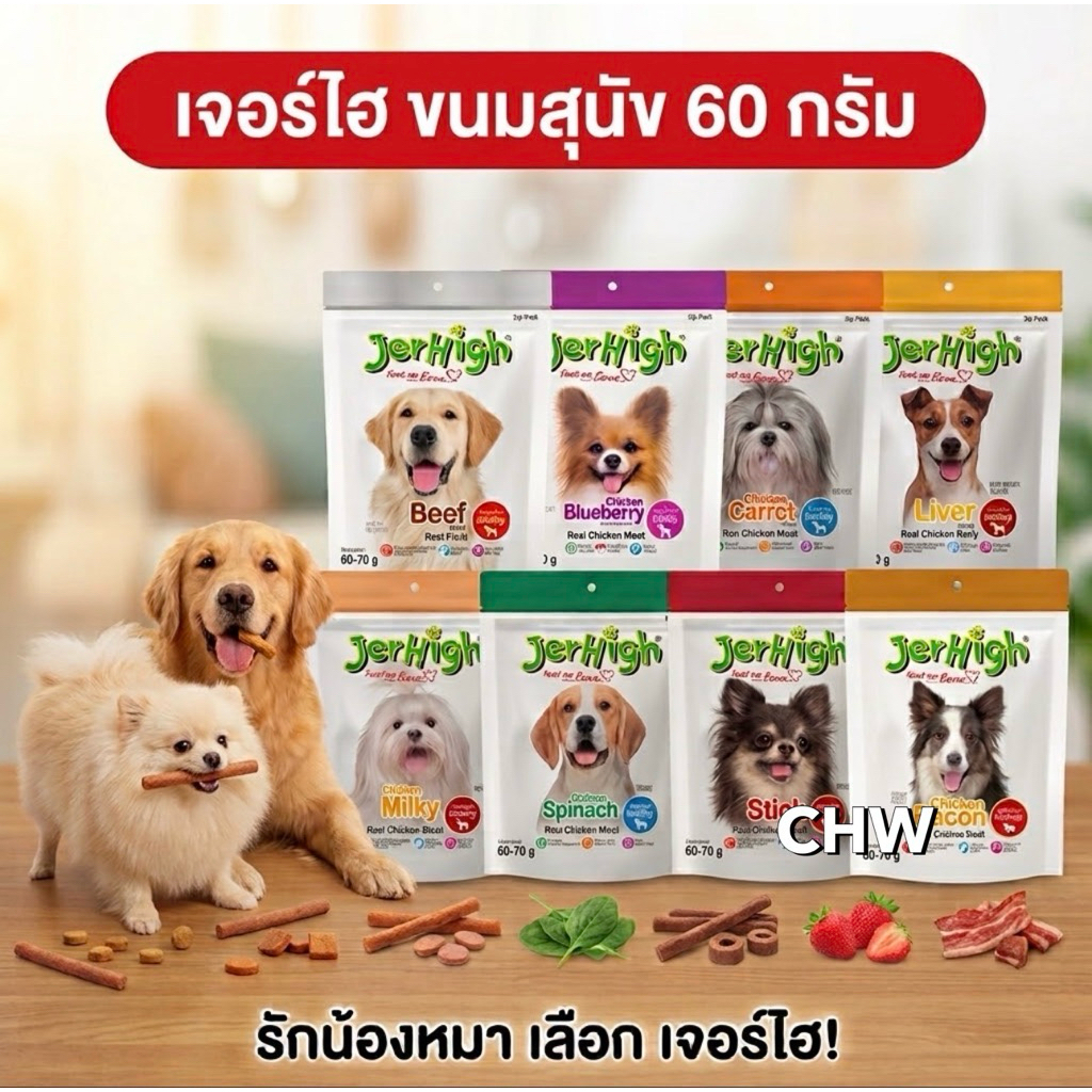 JerHigh เจอร์ไฮ สติ๊ก ขนมหมา ขนมสุนัข 60 กรัม ครบทุกรสชาติ