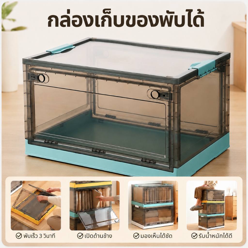 NeatBox กล่องเก็บของพับได้ กล่องเก็บของ เปิดได้ 3 ด้าน มีล้อ แข็งแรงทนทาน จุของได้เยอะ จัดเก็บเป็นระ
