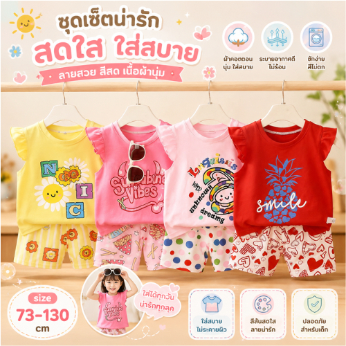 [ชุดเซ็ทเด็กผู้หญิง] เสื้อแขนสั้นทรงระบาย+กางเกงขาสั้น Size73-130 1เดือน-6ปี ลายน่ารัก ผ้าcotton100% ใส่สบาย