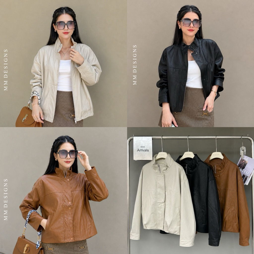 Jacket leather เสื้อแจ๊คเก็ตหนัง คอตั้งเป็นผ้าหนังสีสวย งานสวยพรีเมี่ยมมากซิปหน้า