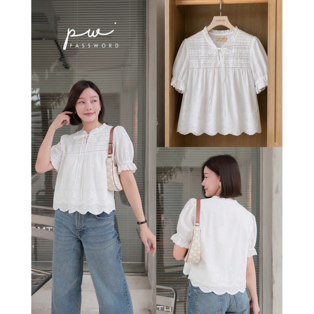 Password 6384 เสื้อคอตตอนคอผูกโบว์ งานผ้าเชิงลูกไม้ลายสวย