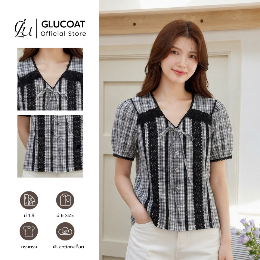 Glucoat | [A982] เสื้อคอวีลายสก็อตสีดำ แต่งฉลุพร้อมเชือกผูกโบว์ ซิปหลังยาว