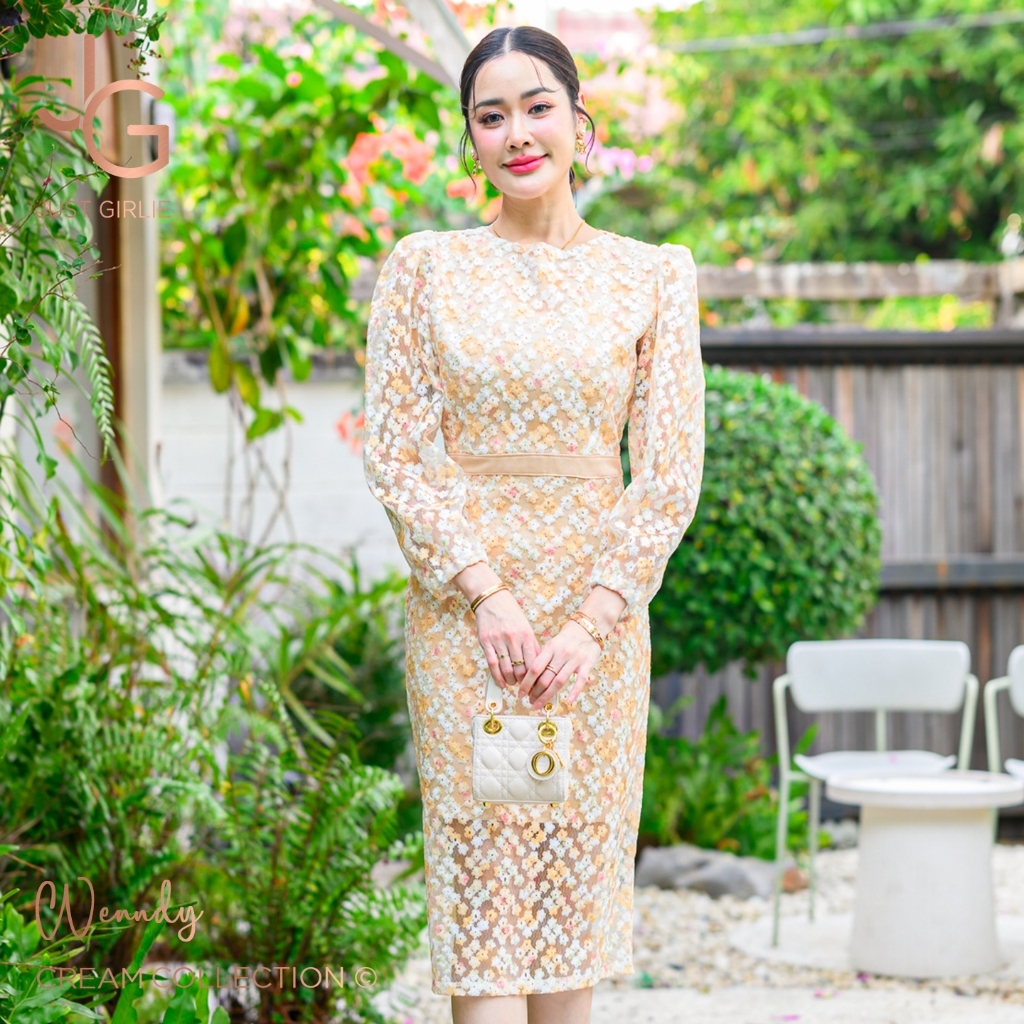 Dress Wendy เดรสแขนยาว ผลิตจากผ้าลายปักฉลุ ดีไซน์สวย เรียบหรู ด้วยราคาเบาๆ เดรสใส่ออกงาน ชุดเดรส ชุดสวยๆ มีไซส์ S M L