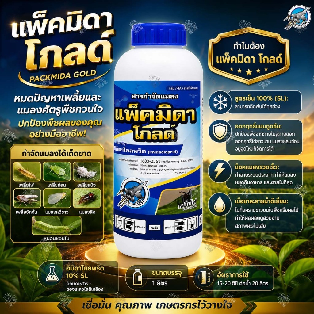 แพ็คมิดา โกลด์ (1ลิตร) สูตรเย็น อิมิดาโคลพริด 10% เพลี้ยไฟ เพลี้ยกระโดด เพลี้ยจักจั่นฝอย หนอนแมลงบิน