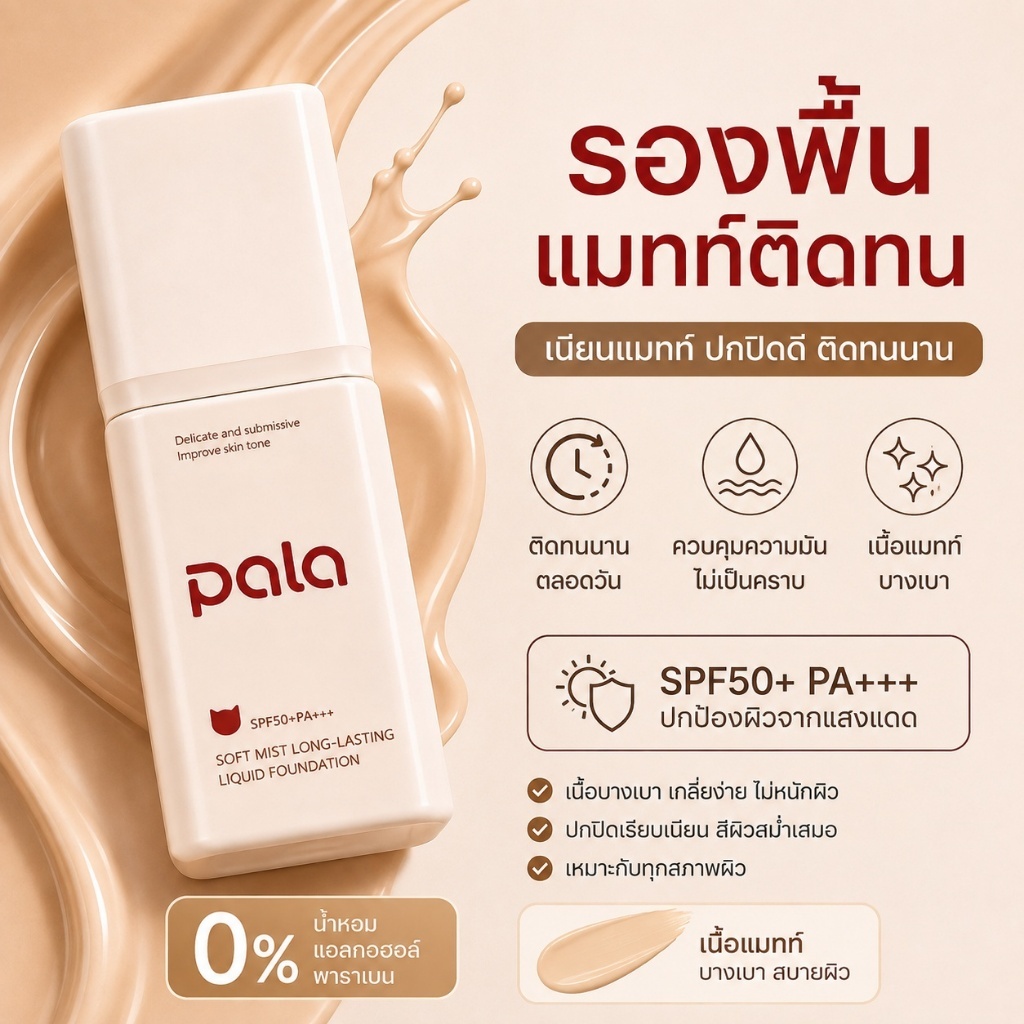 รองพื้นแมตต์ติดทน คุมมัน 12 ชม. ปกปิดเรียบเนียน กันน้ำ กันเหงื่อ SPF50+ Soft Mist Long-Lasting Liquid Foundation