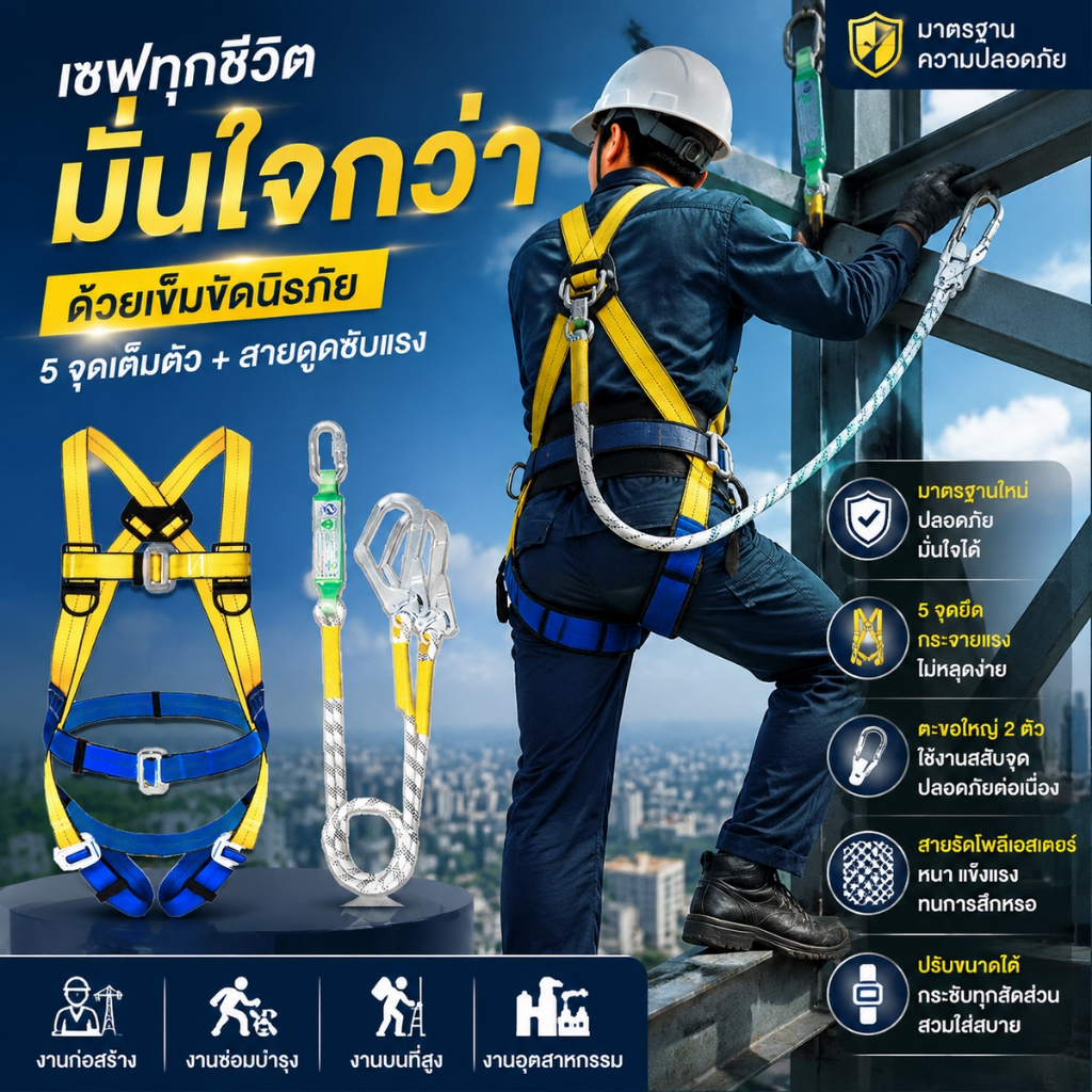 HUIBO เชือก 3 เมตรSATAS เข็มขัดเซฟตี้ เข็มขัดนิรภัยแบบเต็มตัว เซฟตี้เบลท์ เซตตี้ตะขอคู่ เต็มตัวตะขอใหญ่ โลหะผสมเหล็ก แรง