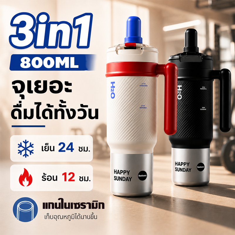 แก้วน้ำเก็บอุณหภูมิ 800ml เคลือบเซรามิก เก็บความร้อนและความเย็น มีหูจับ ฝาปิด กันรั่ว พกพาสะดวก