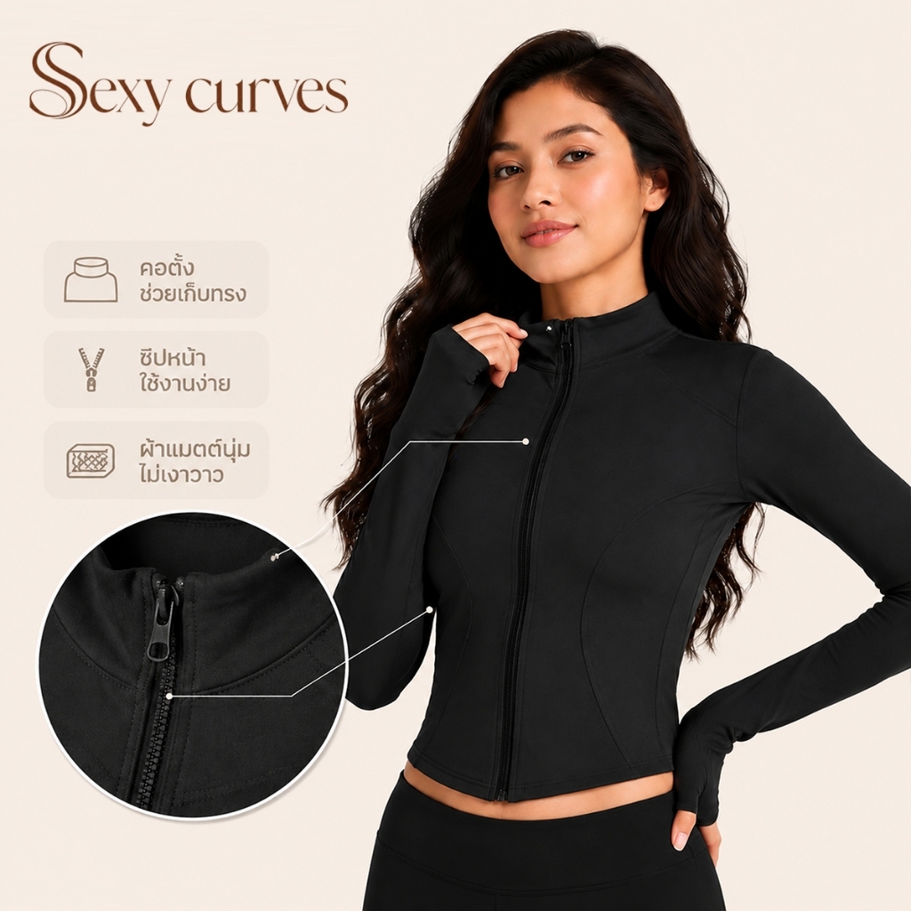 Sexy Curves เสื้อผ้าโยคะสตรีรุ่นใหม่ ชุดกันเหี่ยว ชุดวิ่ง ชุดออกกำลังกาย แขนยาว คอตั้ง ขนาดใหญ่