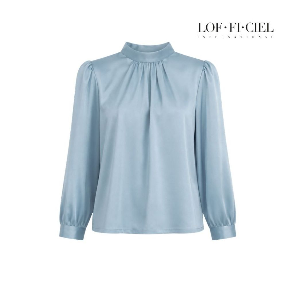 LOF-FI-CIEL  เสื้อเบลาส์คอตั้ง แขนยาว ปลายแขนพอง รูดรอบคอเล็กน้อย Satin BlouseFD1TBU
