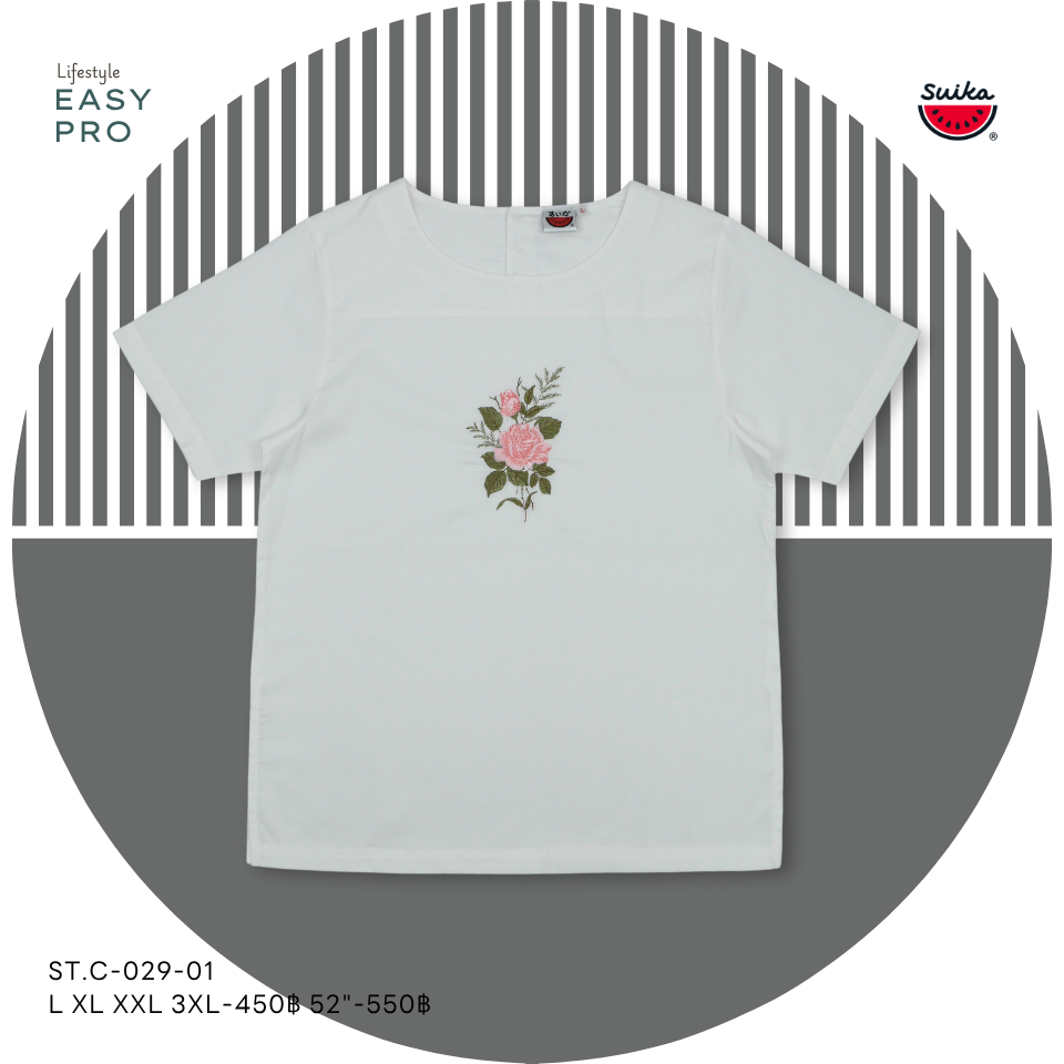 เสื้อแตงโม (SUIKA) - คอปาดผ้าคอตตอนมัสลินญี่ปุ่นแขนสั้น ลายปักดอกไม้ (ST.C-027 029) — صورة 4