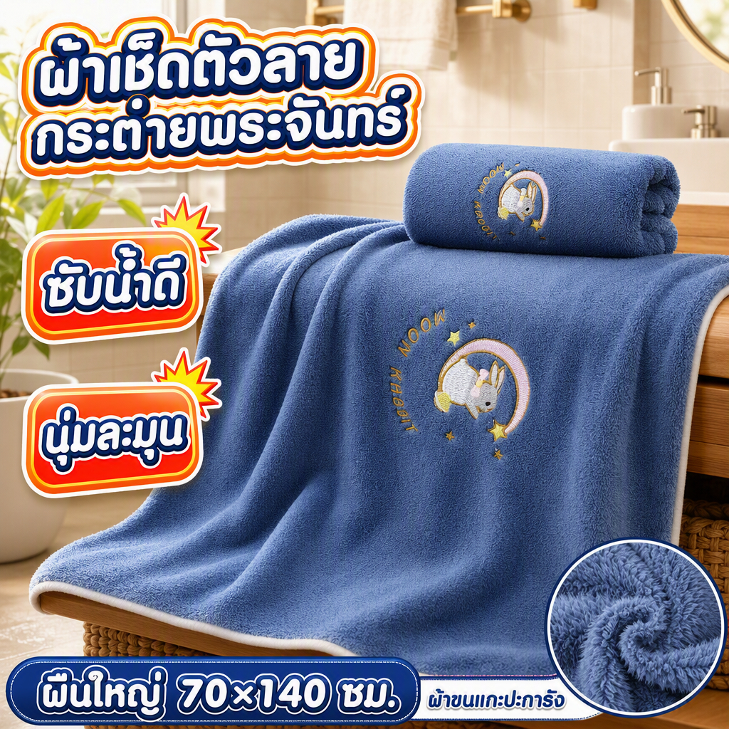 ผ้าเช็ดตัวอาบน้ำ 70x140 ซม. ผืนใหญ่ นุ่มสบาย ซับน้ำดี แห้งไว ไม่เป็นขุย สำหรับเด็กและผู้ใหญ่ ลายกระต่ายพระจันทร์ หลายสี