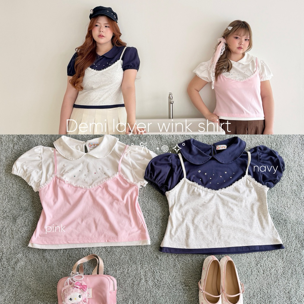Chubbygirlbkk-Demi layer wink shirt ˚ ༘ ೀ⋆｡˚ “เสื้อผ้ายืดlayerคอบัวแต่งเพชร สาวอวบมี2ไซส์”