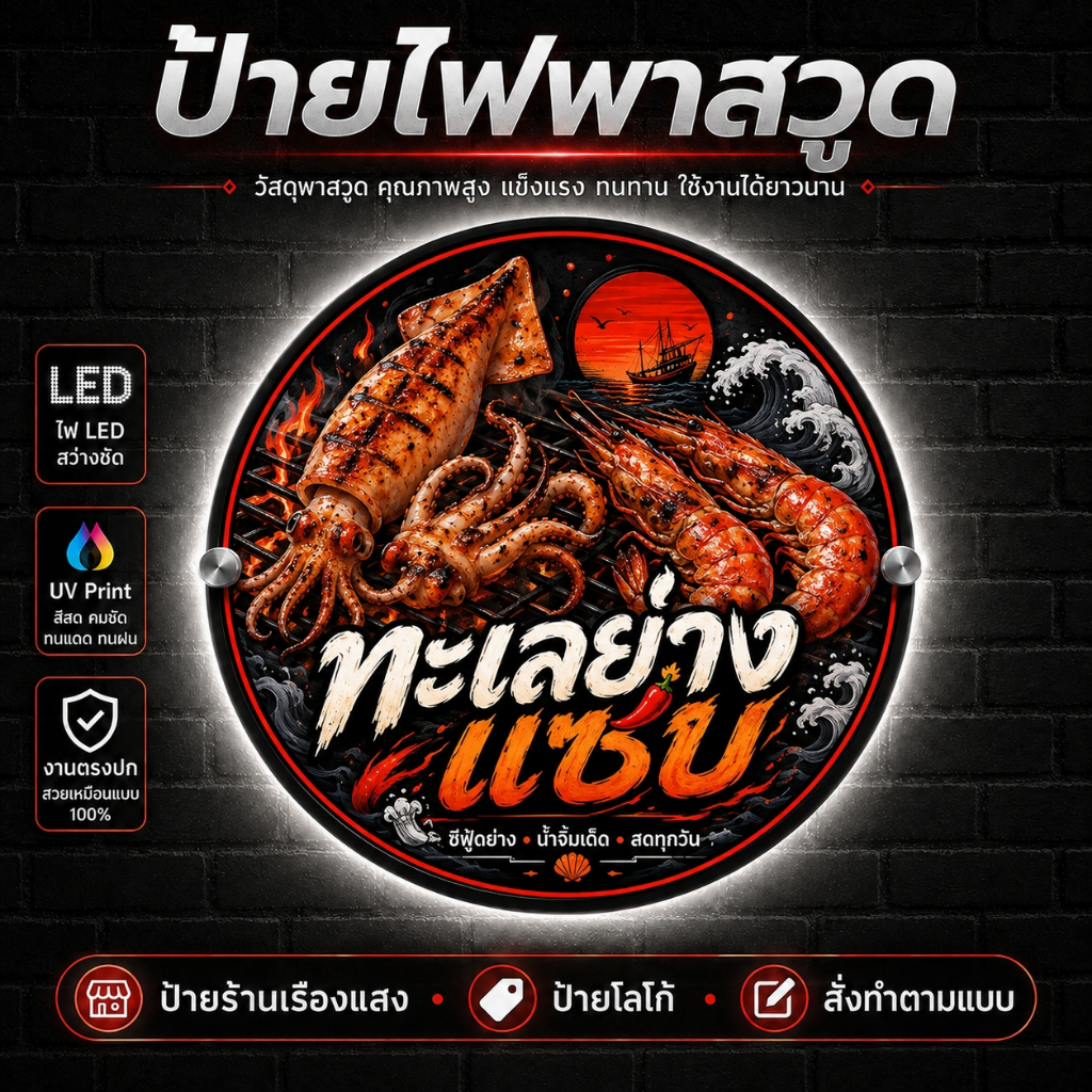 ป้ายไฟพาสวูดวงกลมดีไซน์มินิมอล LED โลโก้ พิมพ์ UV