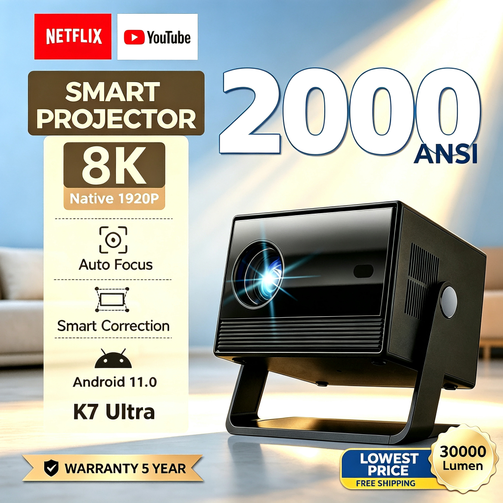 FINTEX K7 Ultra 8K 2000ANSI 30000Lumens AutoFocus โปรเจคเตอร์หมุนได้ เชื่อมต่อ wifi bluetooth androi
