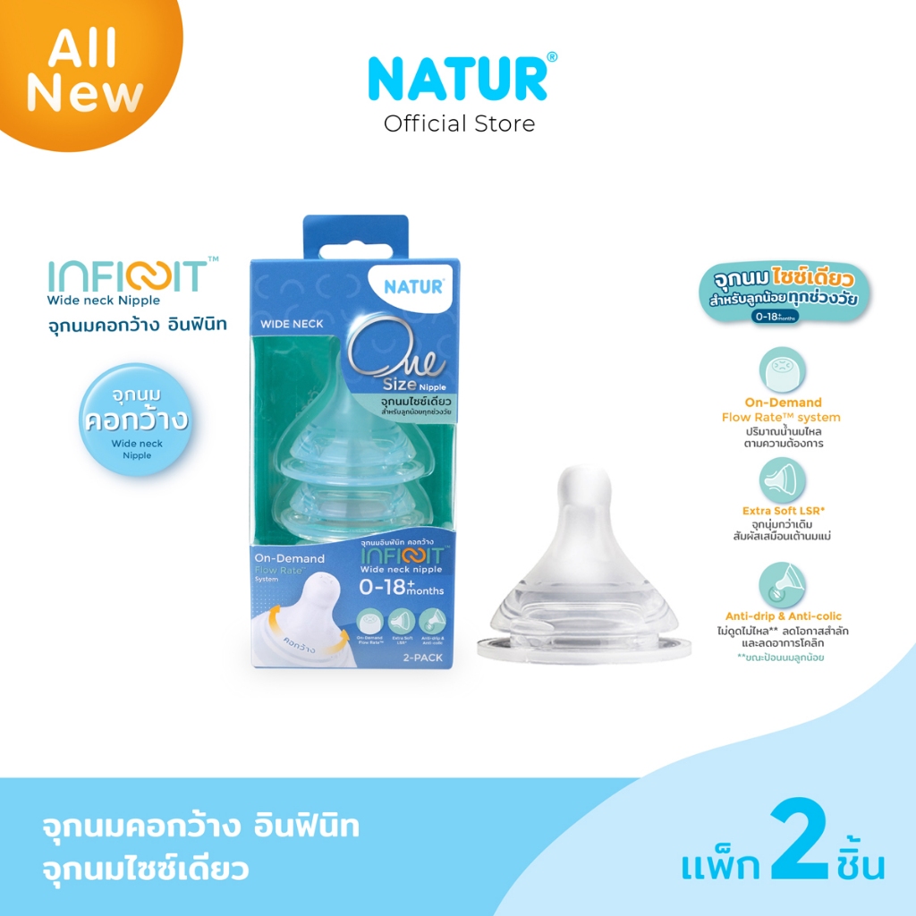 [NEW] NATUR เนเจอร์ INFINIT จุกนมอินฟินิทคอกว้าง จุกนมเด็ก จุกนมไซซ์เดียว จุกนม ไม่ดูดไม่ไหล แพ็ก 2 