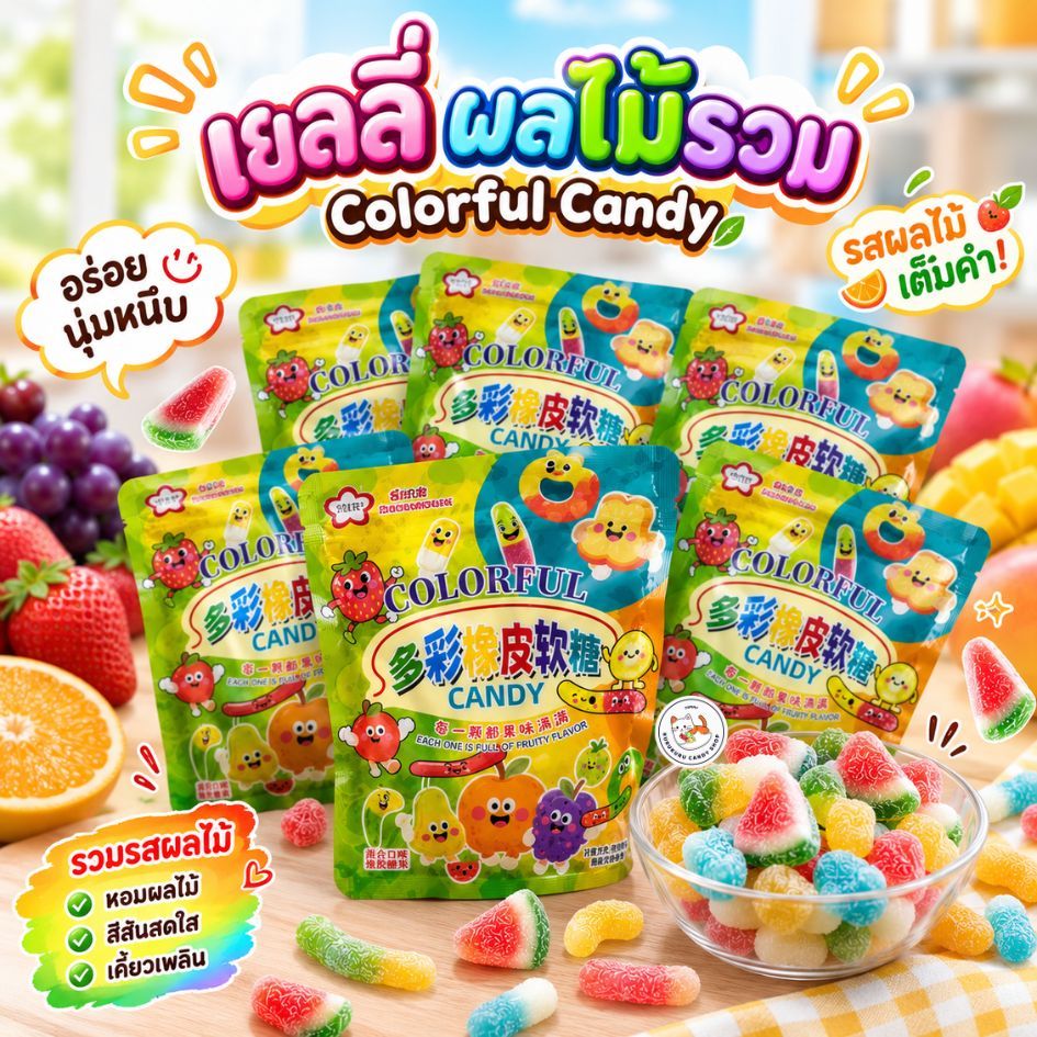 เยลลี่ ผลไม้รวม Colorful Candy ขนาด 33 กรัม 1 ซอง หอมกลิ่นผลไม้ หนึบทุกคำ รวมรสผลไม้