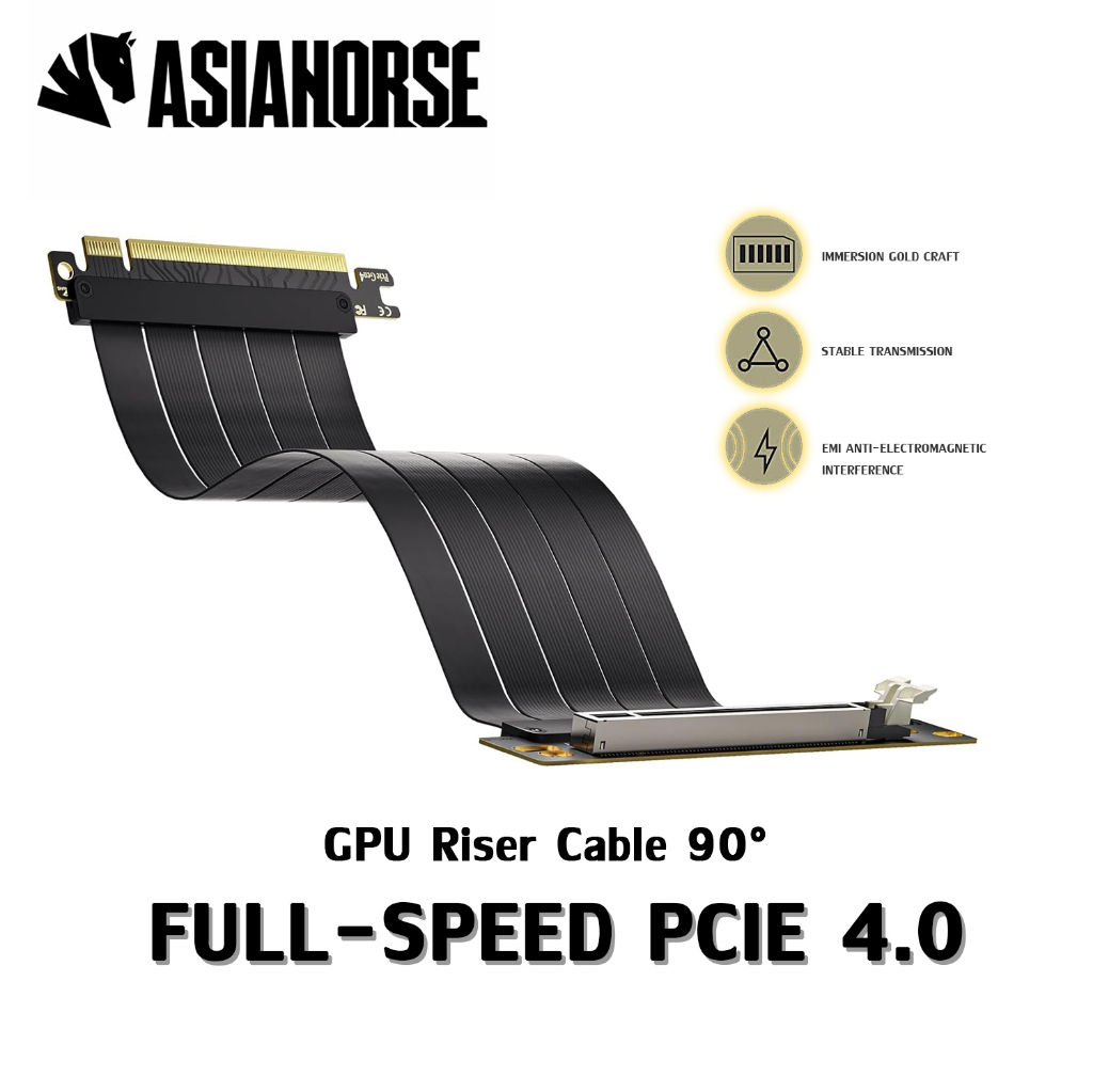 สายต่อการ์ดจอแนวตั้ง AsiaHorse GPU Riser Cable PCIe 4.0 X16 90° สีดำ 250mm Full Speed PC