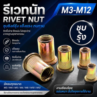 รีเวทนัทหัวแบน คอลาย ชุบซิงค์รุ้ง M4-M12 แพ็ค 100 ตัว Rivet Nut Yellow Zinc พร้อมส่ง