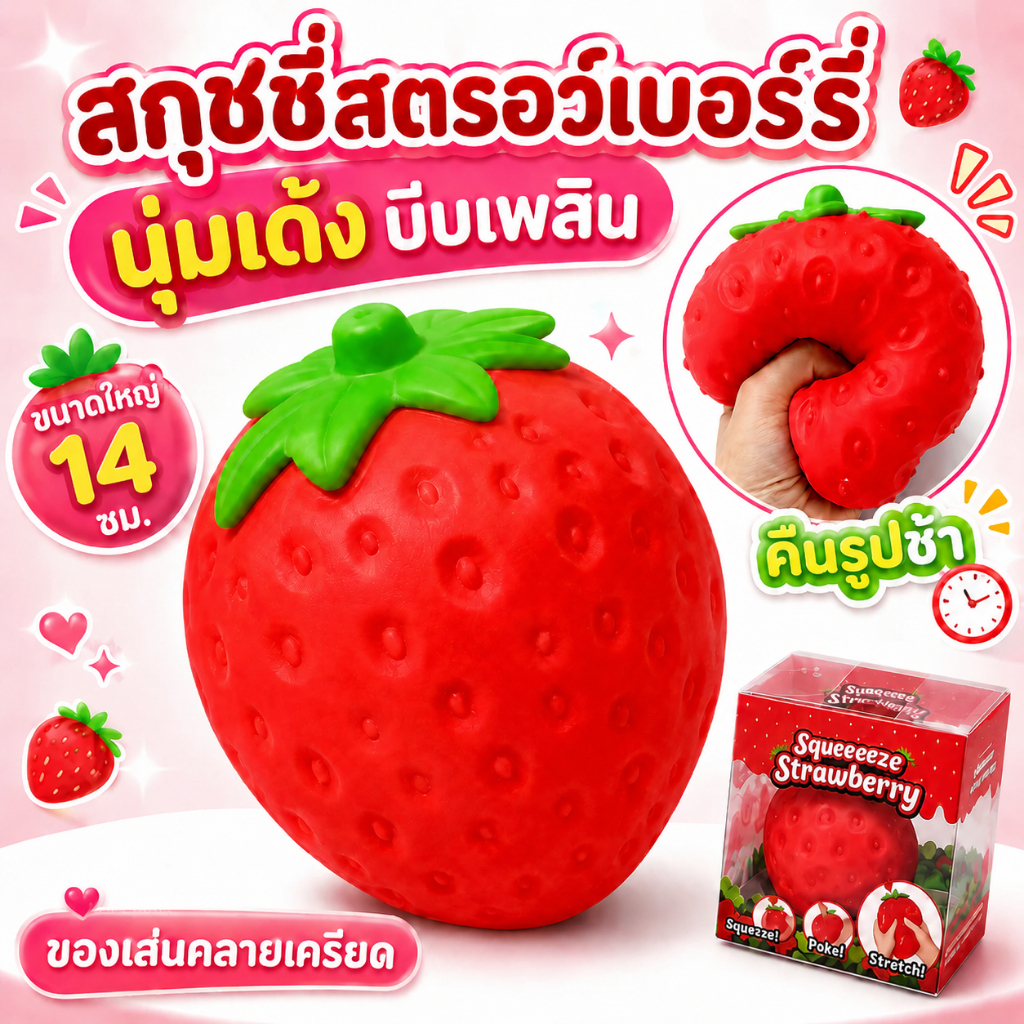 ส่งจากไทย ของเล่นบีบคลายเครียด สกุชชี่สตรอว์เบอร์รี่ยักษ์ นุ่มเด้ง คืนตัวช้า บีบเพลิน กลิ่นหอม ของเล่นเด็ก