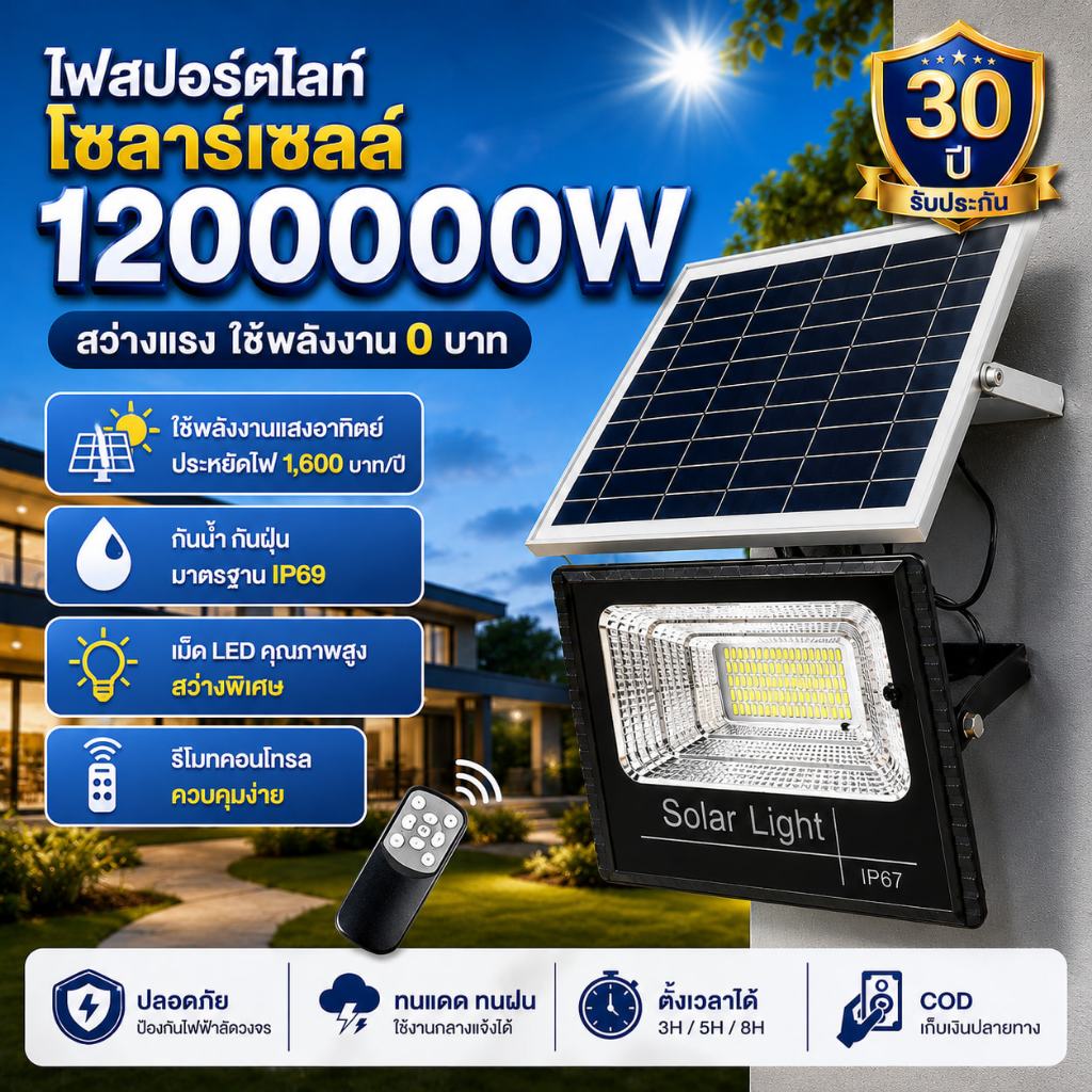 （จัดส่งเร็ว）ไฟโซล่าเซลล์ 1200000W โซล่าเซลล์ ไaฟสปอตไลท์ กันน้ำ LED IP69 Solar light ไฟถนน ไฟแสงอาทิตย์ โหมดแสงสว่างต่อเ