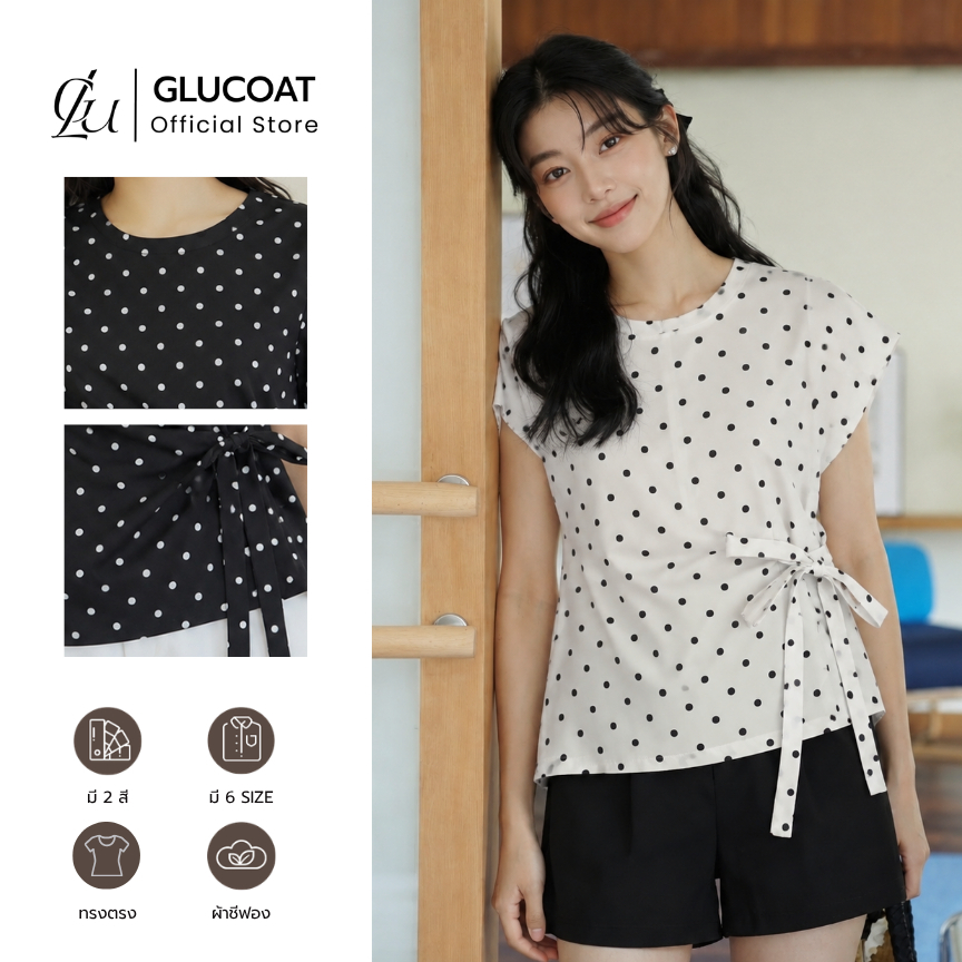 Glucoat | [A996/A999] เสื้อคอกลมแขนสั้นสีดำ/สีขาว แต่งลายจุดโบว์ผูกเอว ซิปหลังยาว