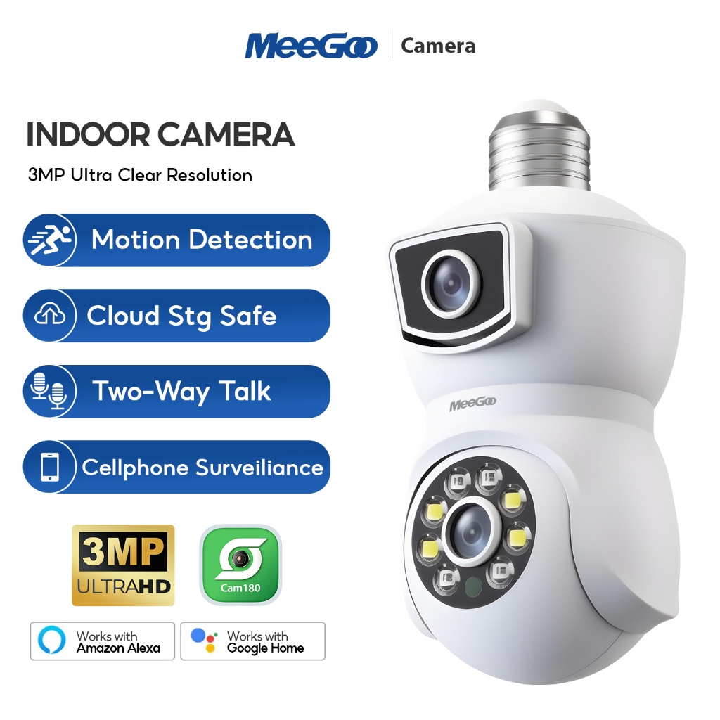 MeeGoo กล้องหลอดไฟ 2 เลนส์  กล้องวงจรปิด E27A WiFi Dual camera 3MP ตรวจจับมนุษย