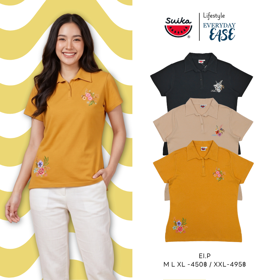 เสื้อแตงโม (SUIKA) - เสื้อยืดเสื้อคอปกปีกนก บแขนสั้น ลายปักดอกไม้ (EI.P-209 281 301)