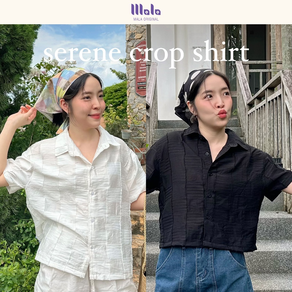 MalaOriginal | Serene Crop Shirt เสื้อเชิ้ตครอป แขนสั้น textureลายริ้วตาราง สีขาวดำ