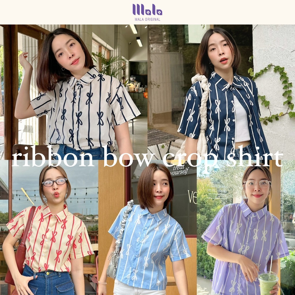MalaOriginal |【5 สี】Ribbon Bow Crop Shirt เสื้อเชิ้ตครอป แขนสั้น ลายริบบิ้นโบว์ สุดคิ้วท์