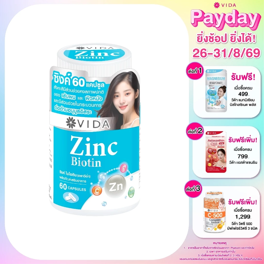 วีด้า ซิงค์ อเมริกา +ไบโอติน สิว ผิว ผม 60 แคปซูล Vida Zinc Biotin 60 Capsules