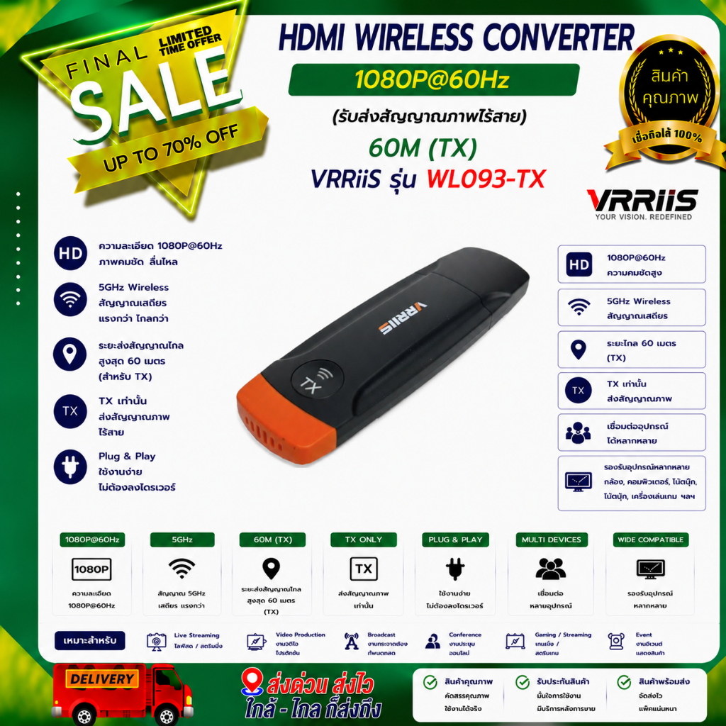 HDMI WIRELESS CONVERTER 1080P@60Hz (รับส่งสัญญาณภาพไร้สาย) 60M (TX) VRRiiS รุ่น WL093-TX