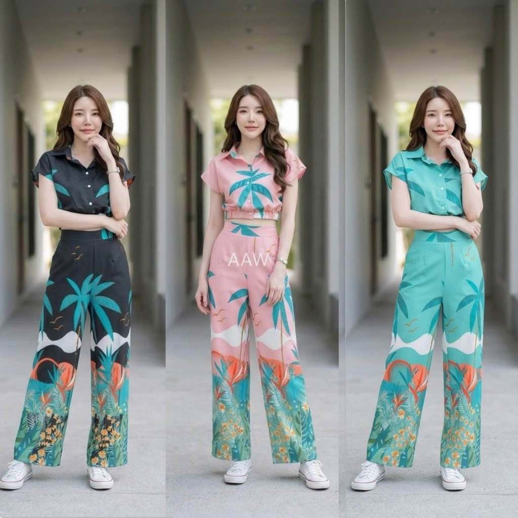 ชุดไปเทียวทะเล เสื้อครอปปกเชิ้ตทรงแขนเลยลายต้นมะพร้าว เอวสม๊อคจั้มรอบเอว ติดกระดุมด้านหน้า มาพร้อมกางเกงขายาว
