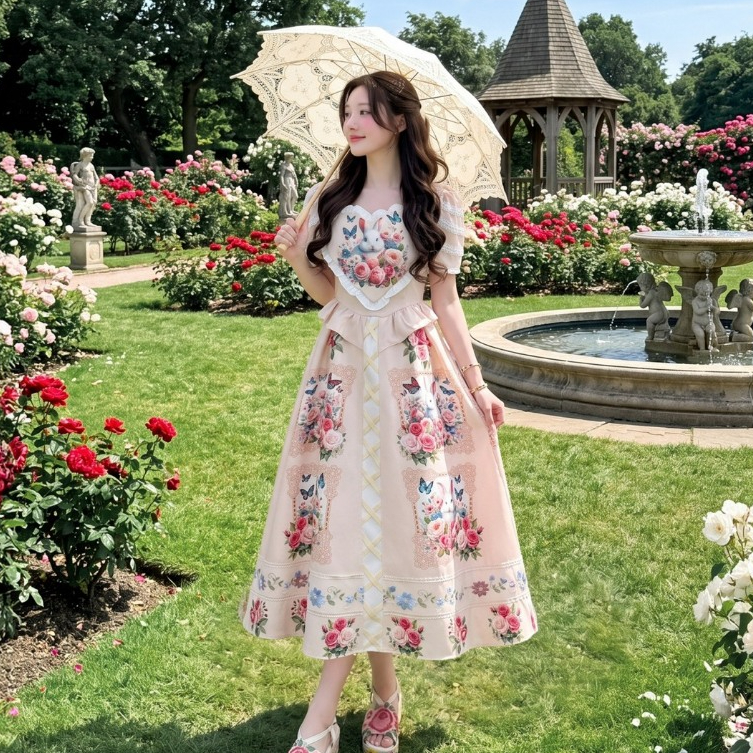 (มีถึง3XL) Milky Rabbits Dress เดรสวินเทจผ้าเปเป้พิมพ์ลาย ความยาวระดับหน้าแข้ง อกหัวใจ แขนสั้น ซิปหลัง