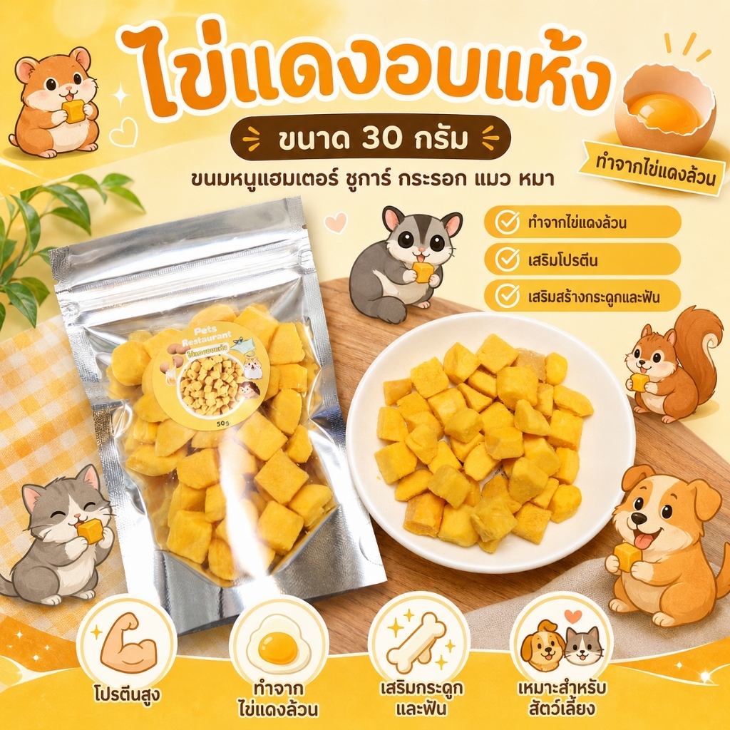 ไข่แดงอบแห้ง 30 กรัม ขนมหนูแฮมเตอร์ ชูการ์ กระรอก แมว หมา ทำจากไข่แดงล้วน เสริมโปรตีน เสริมสร้างกระดูกและฟัน