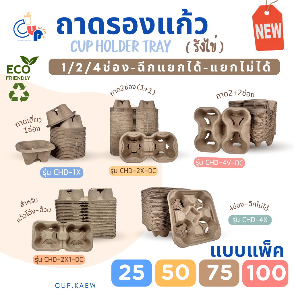 พร้อมส่ง!! (แพ็ค25/50/75/100) ถาดรองแก้ว-รังไข่ 1/2/4 ช่อง ฉีกแยกได้-แยกไม่ได้ สำหรับร้านกาแฟ เดริเวอร์รี่