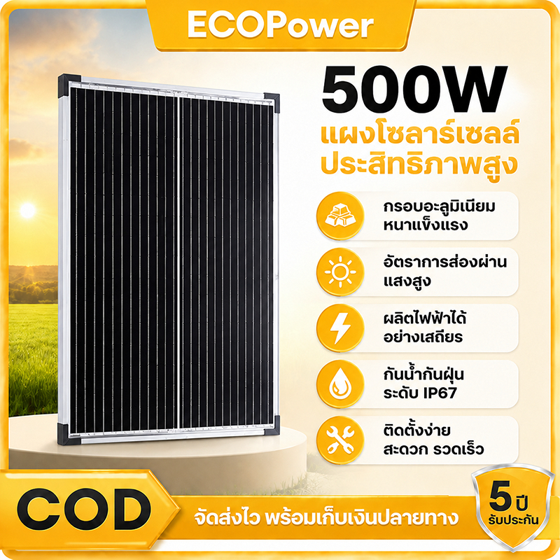 แผงโซลาร์เซลล์ 500W ประสิทธิภาพสูง กันน้ำระดับ IP67 ทำจากซิลิคอนคริสตัลเดี่ยว น้ำหนักเบาพกพาง่าย เหมาะสำหรับใช้งานสวน เร