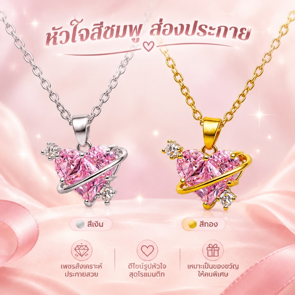 สร้อยคอทองคำขาว เครื่องประดับ จี้หัวใจ ประดับเพชรเทียม เพทาย สีชมพู สําหรับผู้หญิง ของขวัญคู่รัก