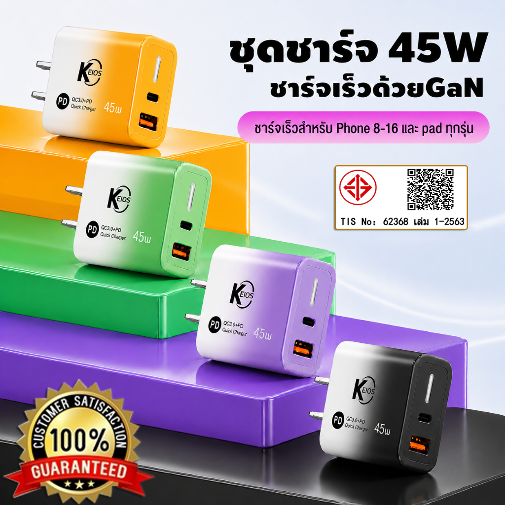 ที่ชาร์จเร็ว ชุดชาร์จ GaN 60W PD USB + C เครื่องชาร์จเร็ว ชาร์จพร้อมกัน 2 พอร์ต ขนาดเล็ก พกพาสะดวก