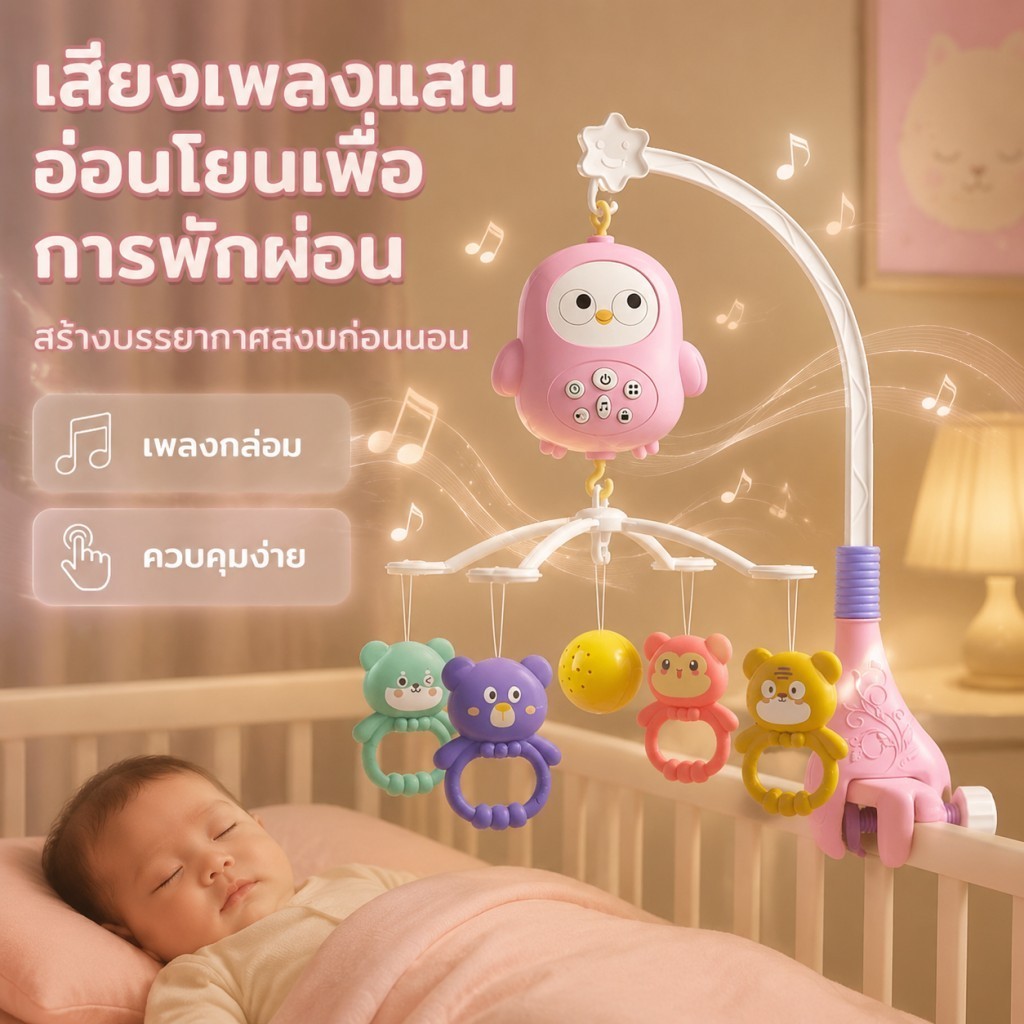 ของเล่นแขวนเตียงเด็ก เป็ดหมุน360° ดนตรีกล่อมนอน แสงนวลตา ป้องกันตาเหล่ ตั้งเวลา 4 ระดับ สำหรับทารก 0-12 เดือน