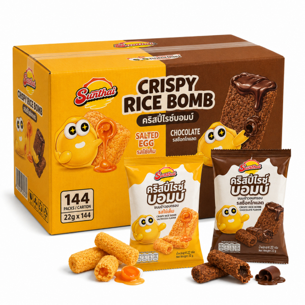 Sunthai Crispy Rice Bomb ข้าวพองสอดไส้ 144 ซอง/ลัง รสไข่เค็ม & รสช็อกโกแลต กรอบอร่อย ไส้แน่น พร้อมทาน