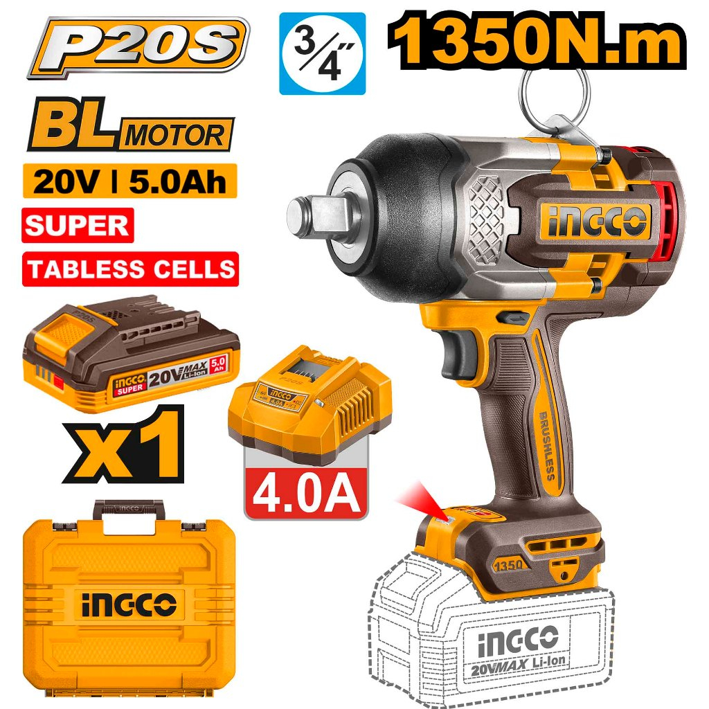 [สินค้าจัดชุดพิเศษ พร้อมลุยงานหนัก!]INGCO บล็อกกระแทกไร้สาย 20V ขนาด 3/4" แรงบิด 1350Nm รุ่น CIWLI201356 (Super Tabless