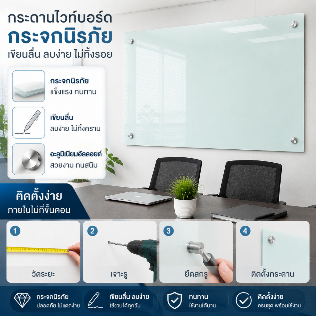 ไวท์บอร์ดกระจกเทมเปอร์ ลบง่าย แม่เหล็ก กันแตก ใช้ในออฟฟิศ/ประชุม/บ้าน แข็งแรง รับประกัน 1 ปี คุณภาพดี